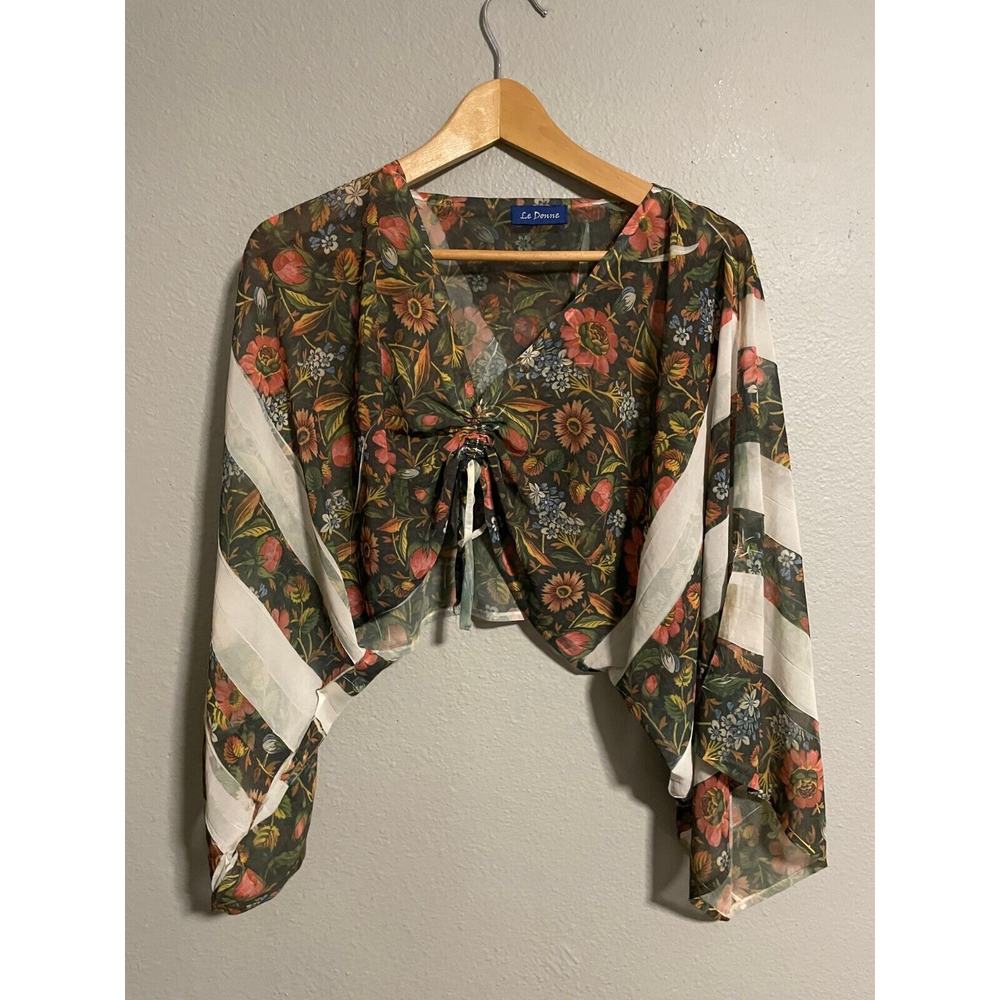 Le Donne Womens Crop Top One Size Silk Floral Chiffon Sheer Ruched Relaxed Boho